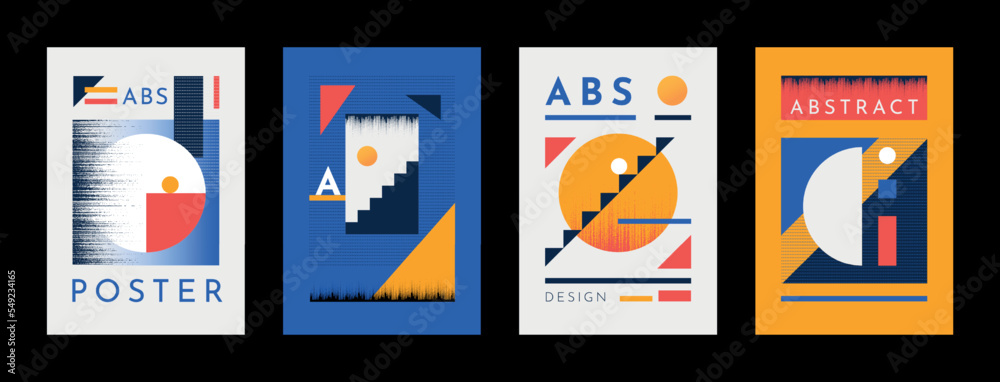 Poster Abstract triangle collages, bauhaus style posters, constructivism art. Suprematism line composition for backdrop. Different geometric forms. Minimalistic covers. Vector background set
