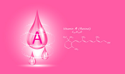 Icon structure vitamin A drop water collagen dark pink. 3D Realistic Vector. Medical and scientific. Beauty treatment nutrition skin care design. Solution complex with Chemical formula nature.