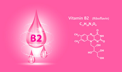 Icon structure vitamin B2 drop water collagen dark pink. 3D Realistic Vector. Medical and scientific. Beauty treatment nutrition skin care design. Solution complex with Chemical formula nature.