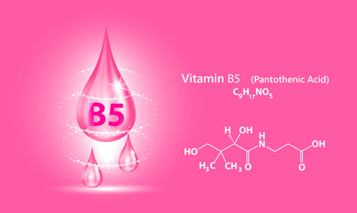 Icon structure vitamin B5 drop water collagen dark pink. 3D Realistic Vector. Medical and scientific. Beauty treatment nutrition skin care design. Solution complex with Chemical formula nature.