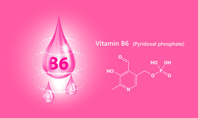 Icon structure vitamin B6 drop water collagen dark pink. 3D Realistic Vector. Medical and scientific. Beauty treatment nutrition skin care design. Solution complex with Chemical formula nature.