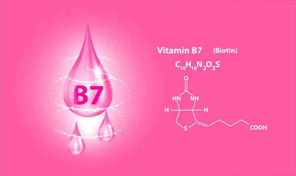 Icon structure vitamin B7 drop water collagen dark pink. 3D Realistic Vector. Medical and scientific. Beauty treatment nutrition skin care design. Solution complex with Chemical formula nature.