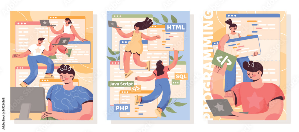 Fototapete Software engineer. Computer programming. Business technology application. Coders and programmers job. Coding program script. People work with laptops. Vector illustration covers set