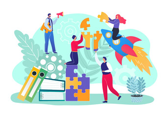 Business teamwork for idea, team people make puzzle concept, vector illustration. Businessman woman put together jigsaw for success work.