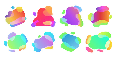 Organic liquid fluids, abstract elements. Green and purple, red and blue blur drops with orange gradient, plastic waves. Colorful background collection. Minimal frame. Vector graphic design