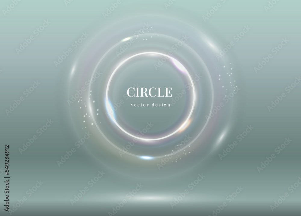 Poster Light white circle. Glow effect. Shine sphere ring. Transparent flare bubble. Round shapes with glitter flares. Circular wave splashes. Abstract blank background. Vector banner design