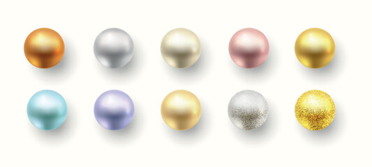 Pearl beads. Gold and silver spheres. Platinum circle shapes. 3D glitter balls. Glass and metal gradient buttons. Jewel colorful orbs. Jewelry elements. Vector realistic bubbles set