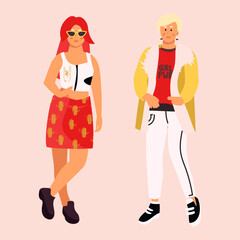 Photographers and cartoon models. Photo studio. Fashionable female outfits. Standing women in trendy clothing. Stylish girls set. Posing person. Trendy apparel. Vector illustration