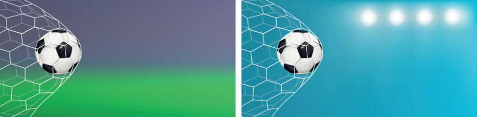 Soccer goal. Ball in net. Sport field. Team banner with grass stadium. Game kick and win. Football playground. Blurred backdrop. Match flyer. Tournament background. Vector illustration