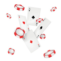 Casino poker card, 3d composition, poker play isolated on white background elements. Flying fall chip, white and red vegas game, gamble ace, win money vegas jackpot. Vector design background