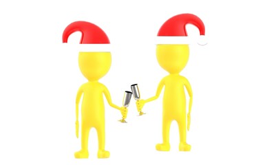3d yellow character , two character wearing xmas cap and clinking glasses