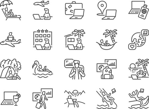 Workation line icon set. The icons included staycation, remote workplace, work from anywhere, WFH, and more.