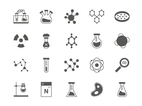 Chemistry science, laboratory research icons. Chemical lab test equipment, scientific dna experiments. Flask, molecules structure and atoms. Radioactive sign. Vector medicine pictogram set