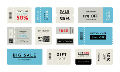 Promotion ticket. Sales event. Coupon collection for end of ad. Gift vouchers with barcode and separated line. Isolated rectangular labels. Discount cards set. Vector design illustration