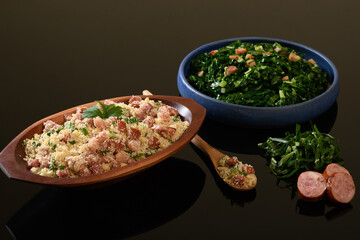 farofa with sausage, bacon and cabbage, typical Brazilian food, dark background