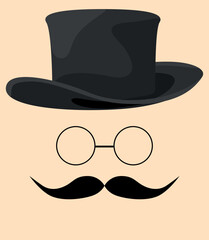 Cartoon hat and eyeglasses. Black silhouette gentleman cylinder cap and mustache. Male face. Barbershop logo. Man head old elements. Circle glasses. Dandy style. Vector illustration
