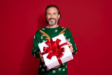 Portrait of positive nice man hands hold give you newyear giftbox isolated on red color background