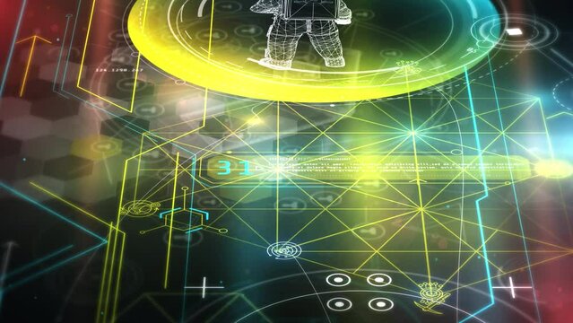 Animated array of abstract data in virtual space.