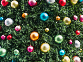 Obraz na płótnie Canvas Full Frame Background of Vibrant Colorful Shiny Decorative Balls on Christmas Tree