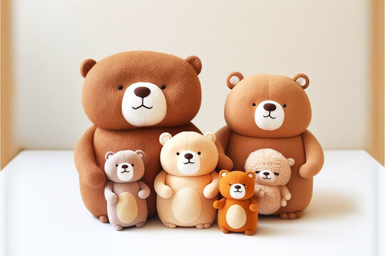 Very cute family made up of stuffed bears, including mum, dad, and four children. Isolated