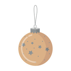 Gold Christmas tree ball with silver stars and polka dots. Vector New Year illustration.