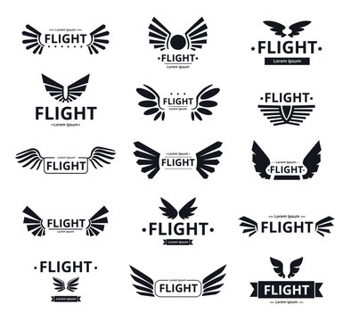 Pilot wing logo. Military army shield. Eagle patch. Flight emblem. Bird insignia. Retro crest corporate label. Aviation sign. Silhouette black symbol design. Vector recent icons set