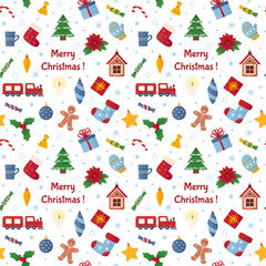 Winter toy pattern, vintage paper. Snow tree gift seamless background, happy invitation card backdrop ornament, holiday celebration. Train and gingerbread. Vector design utter illustration