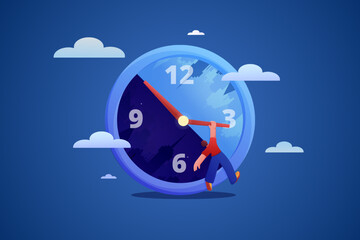 Clock time. Routine changes. Day and night cycles. Summer morning and evening cityscape. Awake or sleep. Circadian rhythms. Man hanging on watch arrow. Vector cartoon recent concept