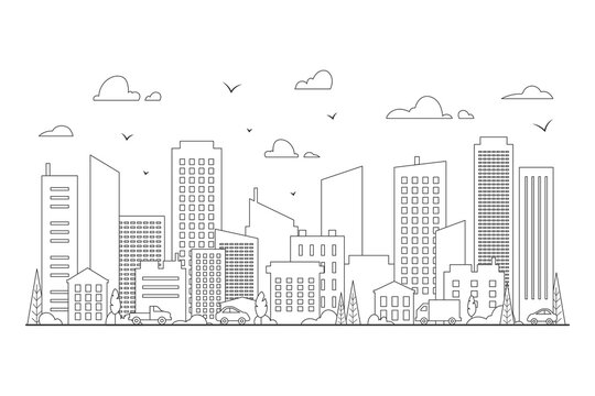 Line city. Skyline downtown panorama. Cityscape with skyscraper buildings and road traffic. Outline town landscape silhouette. Urban street and sky clouds. Vector graphic garish background