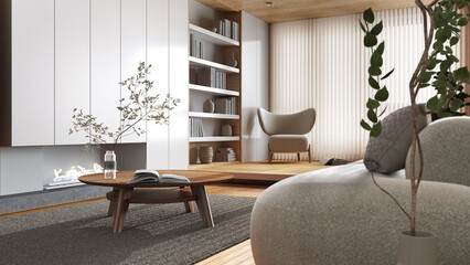 Modern wooden living room in white and beige tones. Sofa close up and fireplace. Bookshelf and parquet floor. Minimalist japandi interior design