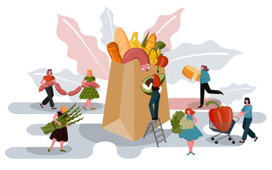 Food donate concept. Volunteers collect products. Charity box. Drive grocery. People give support to delivery service. Humanitarian assistance. Vector current illustration background