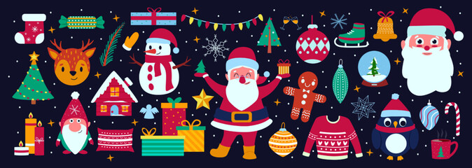 Christmas elements, celebration holiday banner. Cartoon festive tree, nutcracker and snowman, snowflakes and santa, deer and gnome, recent postcard isolated objects. Vector illustration pattern