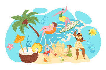 Fototapeta na wymiar Summer tropical vacation near sea, vector illustration. People man woman character at beach, holiday travel for girl guy person