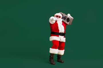 You prepare 2021 newyear. Full length photo of santa claus hold boom box point index finger on...