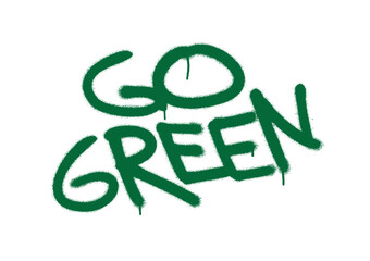 Spray graffiti word GO GREEN with copious leakage. White background. Motivational message  against climate change.