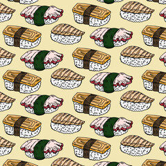 seamless sushi and rolls pattern isolated on white background