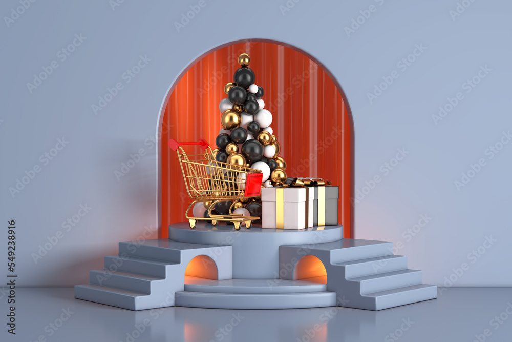 Poster Golden Balls in Shape of Christmas Tree, Gold Shopping Cart and Gift Boxes on the Blue Cylinder Promotion Stand Podium with Arch Window in Studio Room with Steps. 3d Rendering