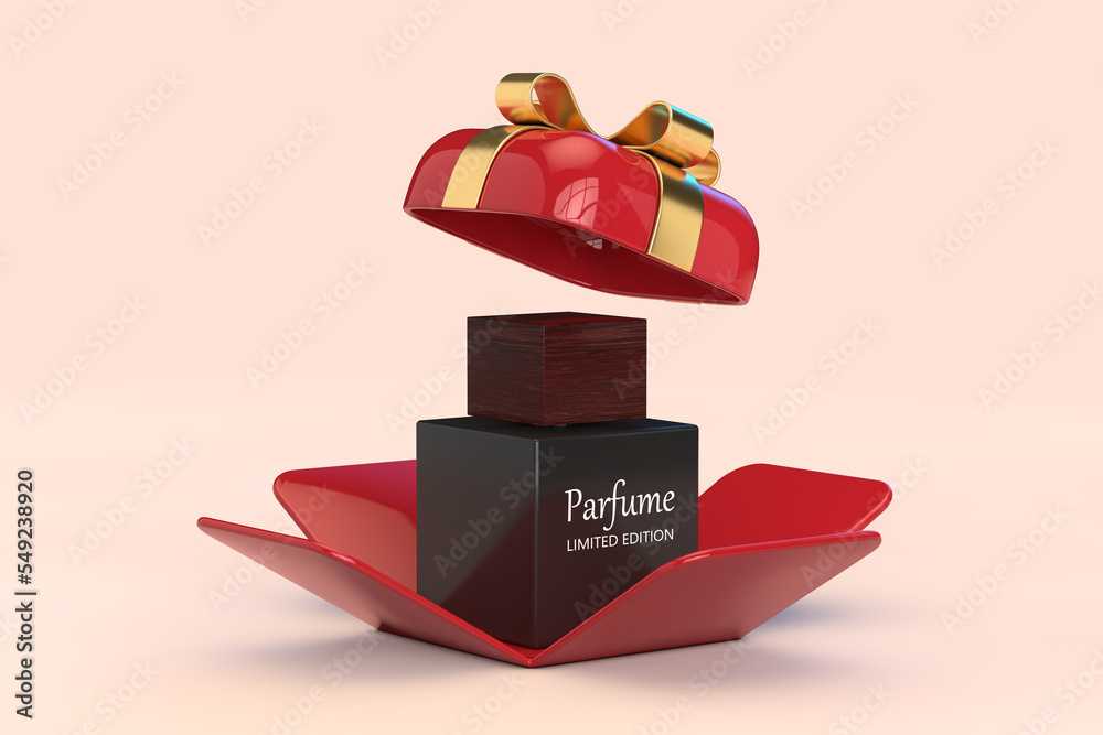 Poster black perfume bottle in opened red gift box with golden ribbon. 3d rendering