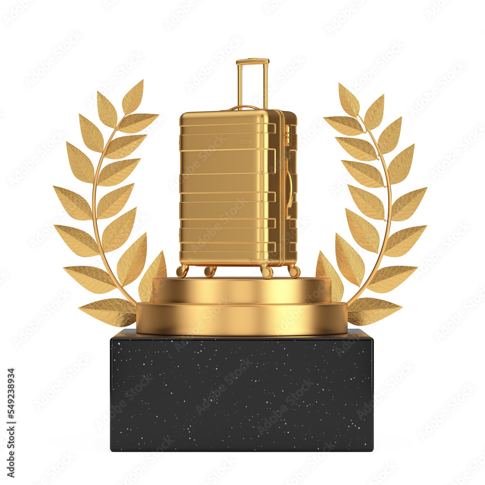 Sticker travel holiday vacation concept. winner award cube gold laurel wreath podium, stage or pedestal with