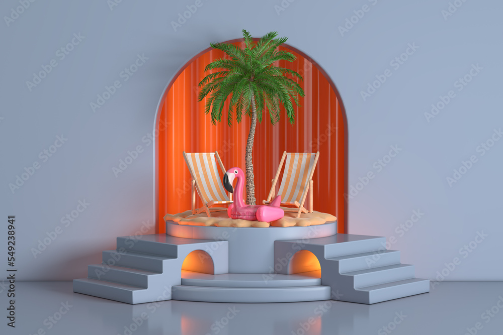 Poster Beach Chairs, Palm Tree, Rubber Flamingo and Sand on the Blue Realistic Cylinder Promotion Stand Podium with Arch Window in Studio Room with Steps. 3d Rendering