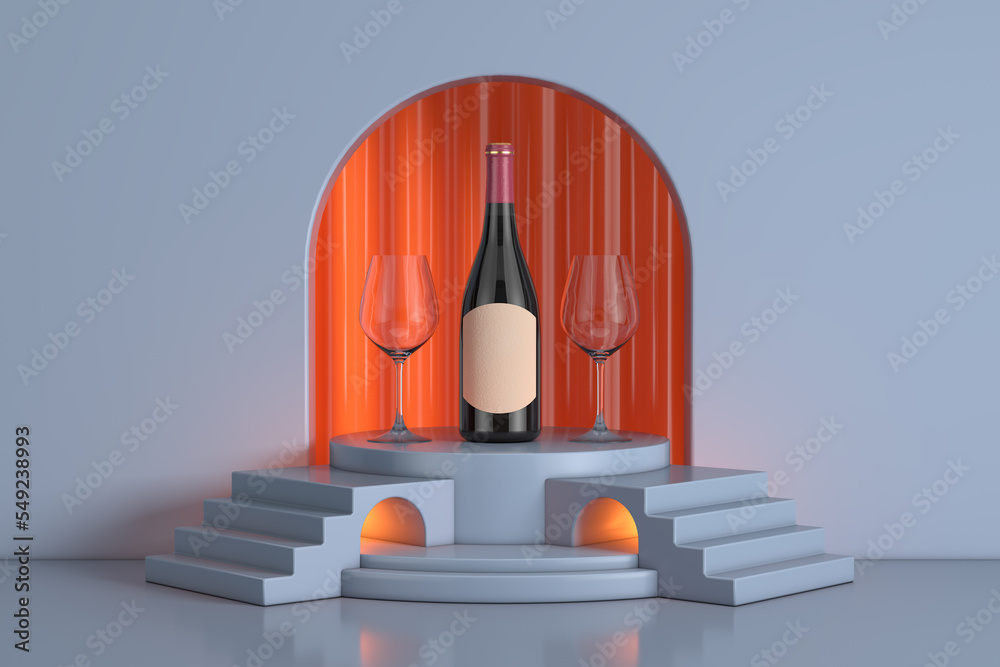 Fototapete two glasses and wine bottle with blank label mockup for your design on the blue realistic cylinder p