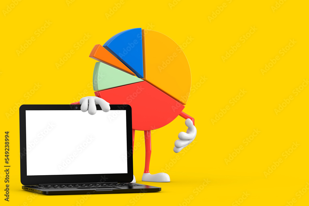 Poster info graphics business pie chart character person with modern laptop computer notebook and blank scr