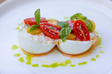 Mozzarella plate with tomatos. Italian Caprese Salad.