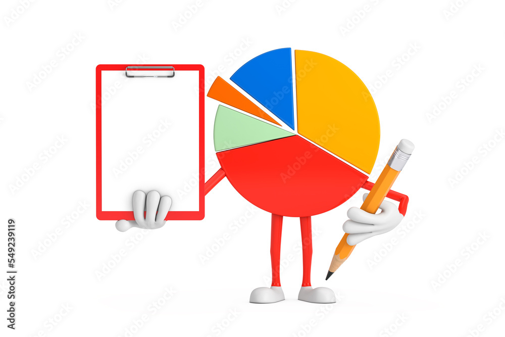 Leinwandbilder info graphics business pie chart character person with red plastic clipboard, paper and pencil. 3d r