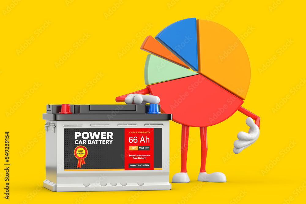 Poster Info Graphics Business Pie Chart Character Person and Rechargeable Car Battery 12V Accumulator with Abstract Label. 3d Rendering