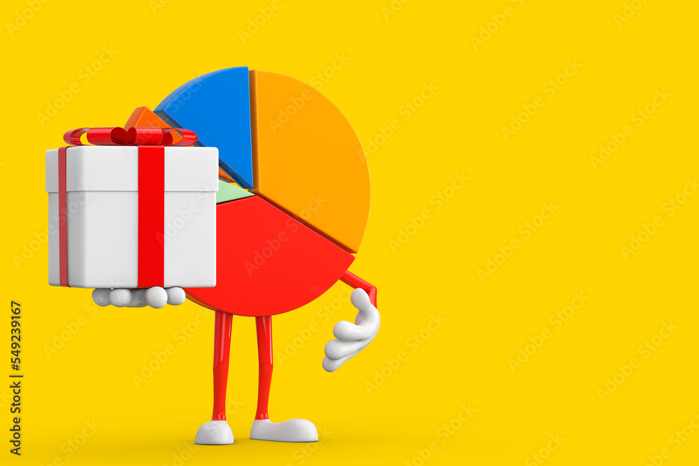 Fototapete info graphics business pie chart character person with gift box and red ribbon. 3d rendering