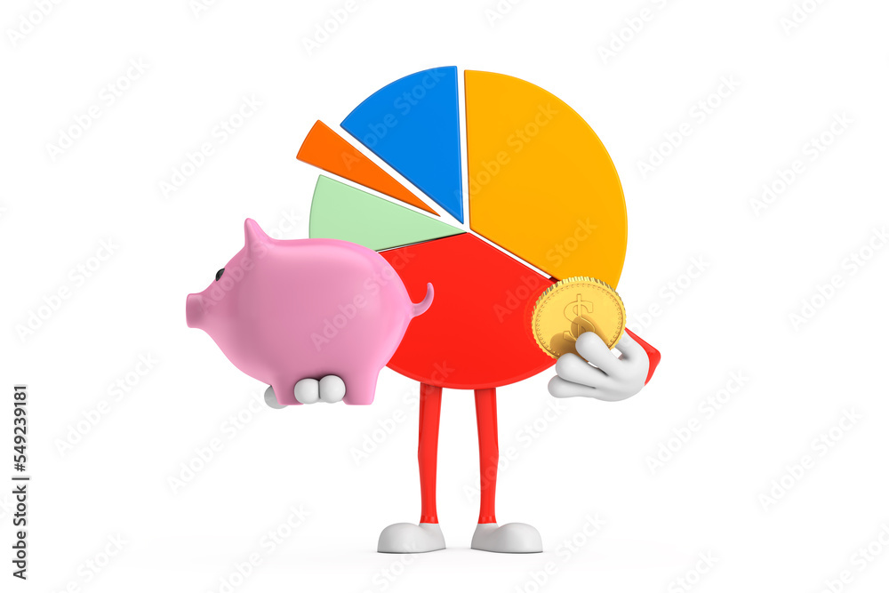 Poster info graphics business pie chart character person with piggy bank and golden dollar coin. 3d renderi