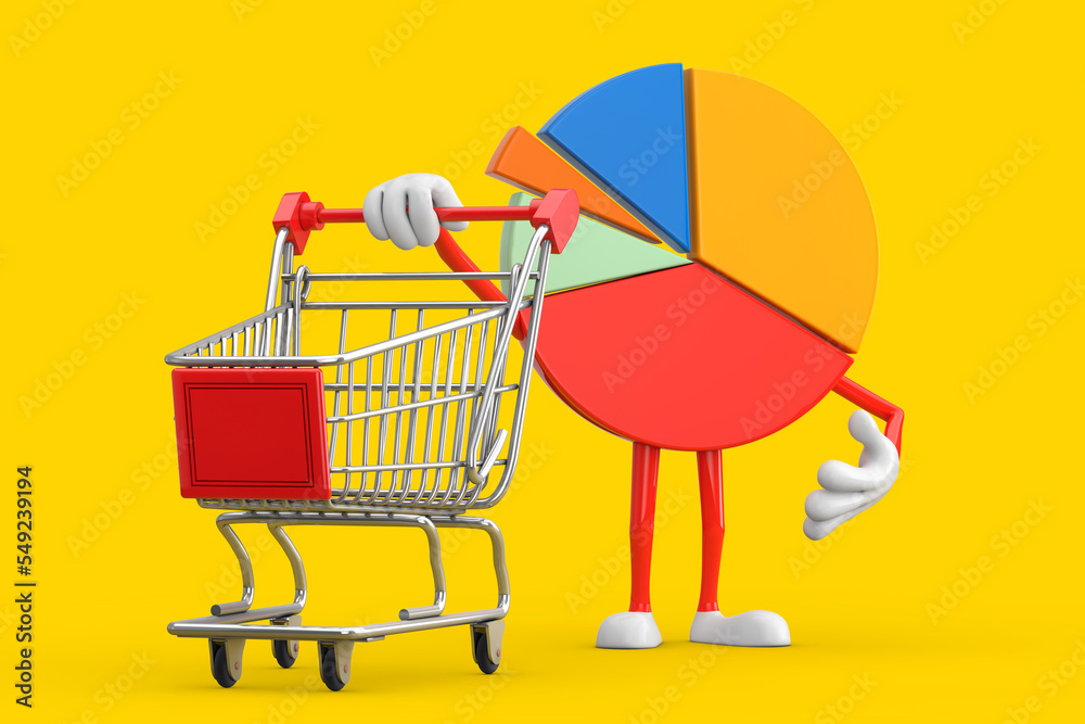 Aufkleber info graphics business pie chart character person with shopping cart trolley. 3d rendering