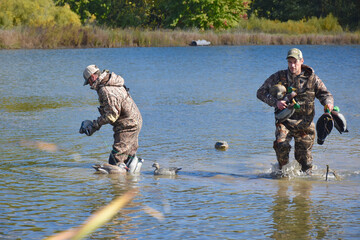 Waterfowl hunters picking up decoys 