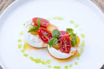 Mozzarella plate with tomatos. Italian Caprese Salad.